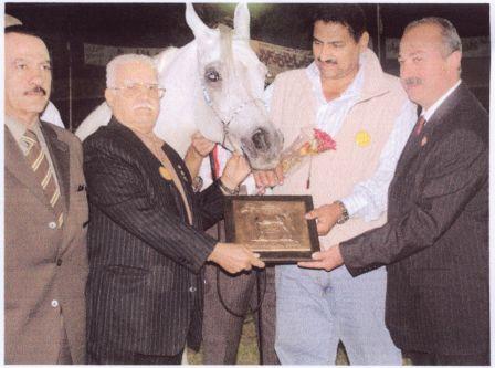 Click to Enlarge - Bint Montasir Rahim is presented with her 2005 WAHO Trophy. L to R: Dr. Helmy El Seddawy, (EAO); Dr. Ibrahim Zaghloul (WAHO); Mr. Abdel Mohsen El Gabry (owner) & Mr. Basil Jadaan (WAHO).