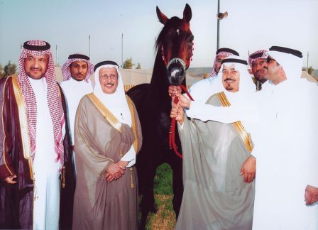 Foreground L-R: Ing. Mohammed bin Abdullah Al Sheeha, Deputy Minister of Agriculture; HE Sheikh Ibrahim bin Abdul Rahman Al Tassan, President of Private Affairs Office for His Majesty; Sabaa El Sahraa; Mr. Rashid Al Zenaidy, President of the Riyadh Equestrian Club; Mr. Sami bin Sulieman Al Nohait, Director General of the King Abdul Aziz Arabian Horse Center and WAHO Executive Committee member.