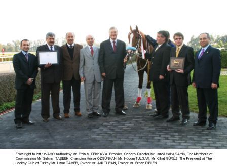 L-R:  Trainer, Mr. Erhan Diblen; Owner, Mr. Adil Turan; President of the Turkish Jockey Club, Mr. Umur Tamer; Commission Members: Mr. Cihat Guruz, Mr. Hucum Tulgar & Mr. Selman Tasbek; Breeder & TIGEM General Director, Mr. Ismail Hakki Sayin; Turkish Arabian Stud Book Registrar, Dr. Emin Pekkaya.