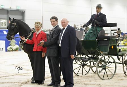 Click to Enlarge - Photo: Mr. Giancarlo Buzzi, owner of Italy’s 2005 WAHO Trophy winner, and Mr. Ivo Ludi, ANICA Council Member, presenting the 2006 WAHO trophy to ARC Black Sheikh’s owner Mrs. Adriana Belmonte.