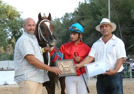 Click to Enlarge -  L-R:  Ofer Braaz, owner of Bariq Al Amal; Ofer's son and race-rider Alec Braaz, and Israel Arab Horse Society Council member,  Hamud Hamudli.
