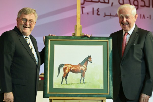 Peter Pond presents Dr. Hans Nagel with a watercolour of his famous mare Hanan, painted by Peter Upton