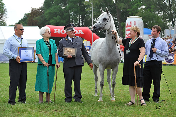 L-R:  Mr. Scott Benjamin, Ringmaster; Mrs. Izabella Pawelec-Zawadzka, WAHO Executive Committee Member; Mr. Jerzy Bialobok, Director of Michalow Stud; Mrs. Urszula Bialobok, Breeding Manager at Michalow Stud, and Mr. Kamil Kulczyński, handlerPhoto: Wieslaw Pawlowski & Lydia Pawlowska