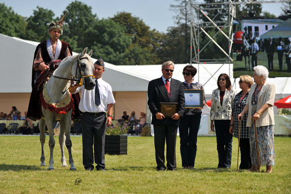 L-R: Piaff with rider Artur Bieńkowski and groom; Dr. Marek Trela, Director of Janow Podlaski Stud, Mrs. Anna Stefaniuk, Breeding Manager of Janow Podlaski Stud, Miss Katrina Murray, WAHO Executive Secretary, Mrs. Krystyna Karaszewska, PASB Registrar, and Mrs. Izabella Pawelec-Zawadzka, WAHO Executive Committee Member