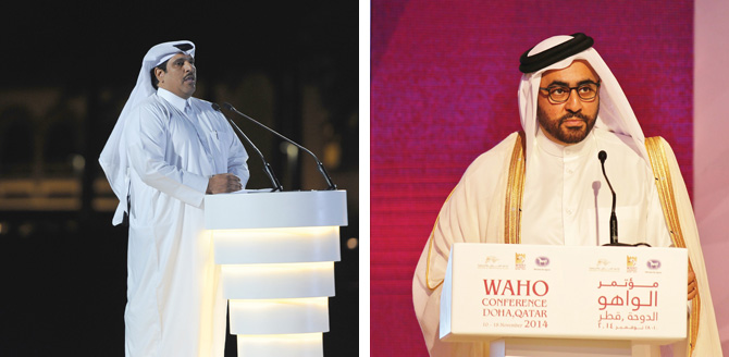 (left) Mr. Sami Jassim Al Boenain, General Director of QREC welcomed all participants of the WAHO Conference - (right) HE Sheikh Mohammed Bin Faleh Al Thani opening the Conference