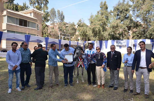 Heba El Bourini admires her award with her delighted owner/breeder, Mr. Mohamed El Bourini and his family and friends, during the WAHO Trophy presentation by Peter Pond, WAHO President.