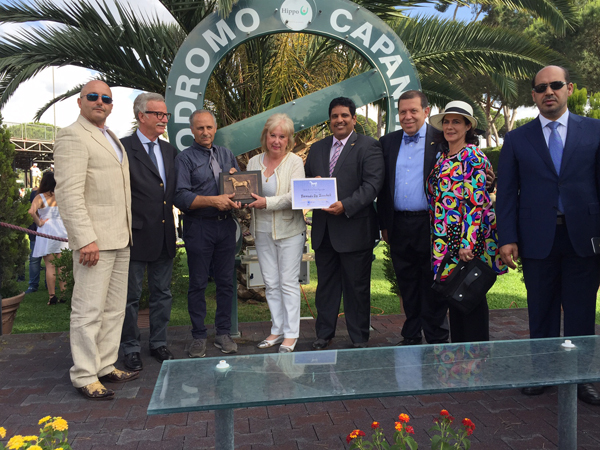 Left to Right: Domenico Ciceroni, General Secretary, ANICA; Dr. Francesco Santoro, President, ANICA; Antonio Efisio Pinna, Owner and Breeder of Tornado by Zucchele; Mrs. Valerie Bunting, Secretary of WAHO; Sami Jassim Al Boenain, Chairman of IFAHR; Marco Pittaluga, ANICA Board Member; Mrs. Annalisa Landucci, ANICA Board Member; HE Saqr Nasser Al Raisi, UAE Ambassador to Italy.